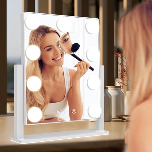 Dirket Lighted Vanity Mirror with Lights - 9 Dimmable LED Bulbs, 3 Color Modes, 5X Magnification, Touch Control, 360° Rotation, White