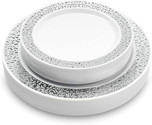 MATANA White & Silver 40-Piece Plastic Plate Set - Dinner & Salad, Reusable, Elegant