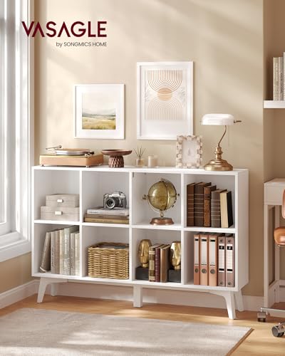 VASAGLE Mid-Century Modern 8-Cube Bookcase with Legs - Cloud White, 47.1 x 9.4 x 30.3 Inches