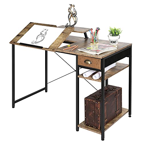 X-cosrack Rustic Brown Adjustable Drafting Table with Storage Drawer & Monitor Stand