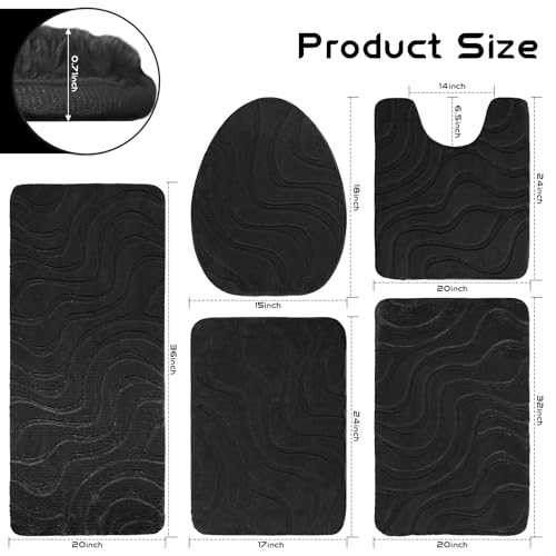 Black 5-Piece Bathroom Rug Set Non-Slip Plush Absorbent Mats - Aqzuxira