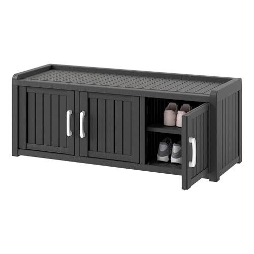 NUNU LAB 3-Door Waterproof Shoe Storage Cabinet with Adjustable Shelves, Entryway Bench, Black