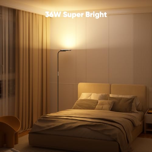 Black LED Floor Lamp 36W Dimmable Standing Torchiere with Remote, 350° Rotating Head for Living Room & Bedroom