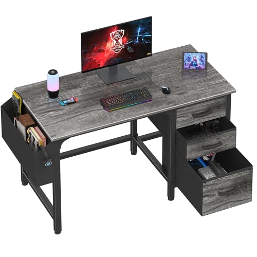 Gray Computer Desk with File Drawers - 46.6-Inch Home Office & Gaming Table
