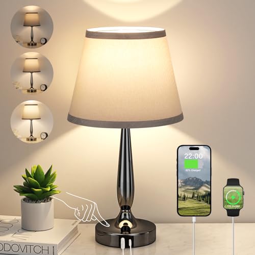 Gray Touch Table Lamp with USB-C Port for Bedroom - Small Bedside Light