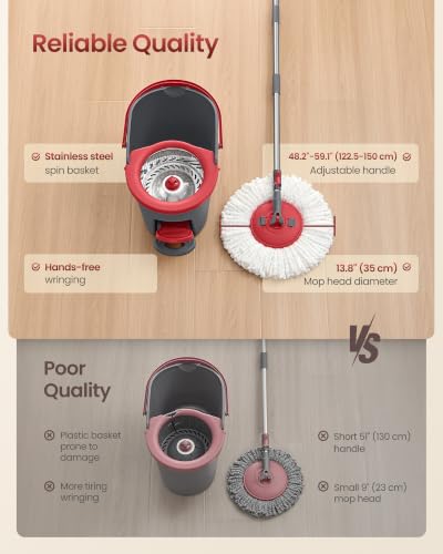 SONGMICS Spin Mop and Bucket Set with Pedal Wringer, 3 Microfiber Pads, Gray + Red
