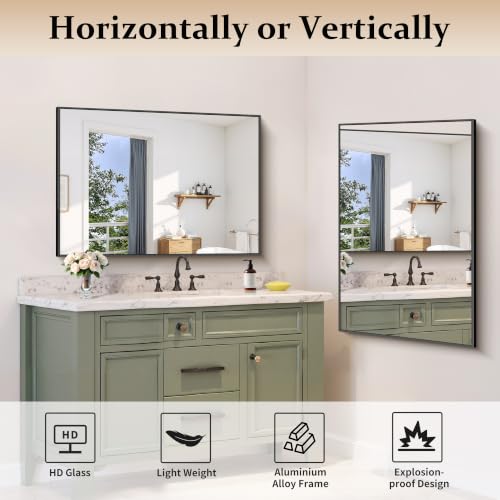 COFENY 30x42 Black Rectangle Bathroom Mirror Over Sink - Modern Vanity Decor