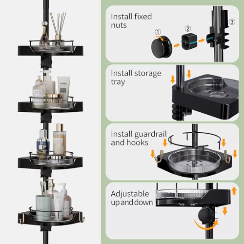 4-Tier Rotating Shower Caddy - Black, Adjustable Rustproof Tension Pole Bathroom Organizer