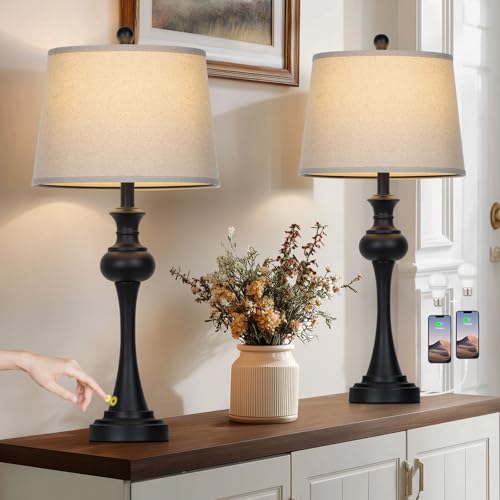 Black Set of 2 Bedside Table Lamps with USB Ports, 29 Inch Modern Reading Lamps