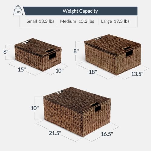 Set of 3 Large Hyacinth Storage Baskets Brown - Multi-Purpose Organizer Totes with Handles & Removable Lid