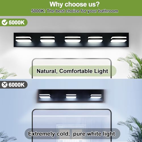 Torondo 34-Inch Matte Black 5-Light LED Bathroom Vanity Light Fixture, 360° Rotatable, Acrylic Modern Wall Lighting Over Mirror
