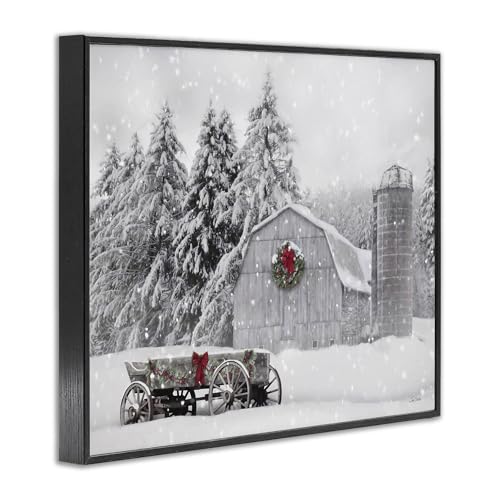 Snowy Farmhouse Landscape Framed Giclée Wall Art - Black Frame, 16x20" - Holiday Decor