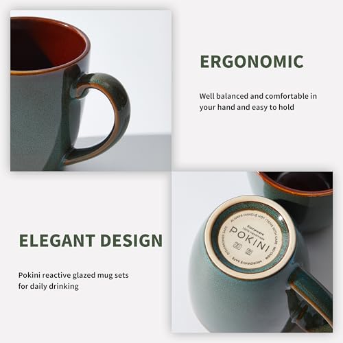 Pokini 14oz Coffee Mug Set of 4 - Artisan Glazed Ceramic Cups for Latte Tea Cappuccino, Brown Green