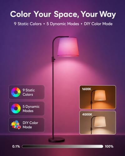 LED Arc Floor Lamp with Remote Control - Black, 65-Inch RGB Color Changing, 350° Swivel Shade