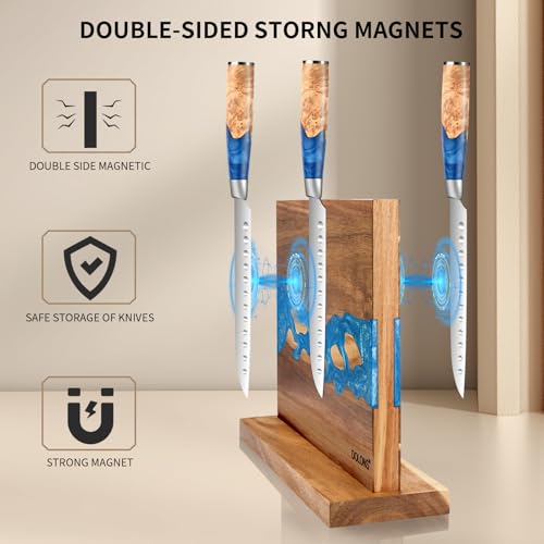 Magnetic Knife Block Brown+Blue - Double-Sided Acacia Wood & Resin Kitchen Organizer