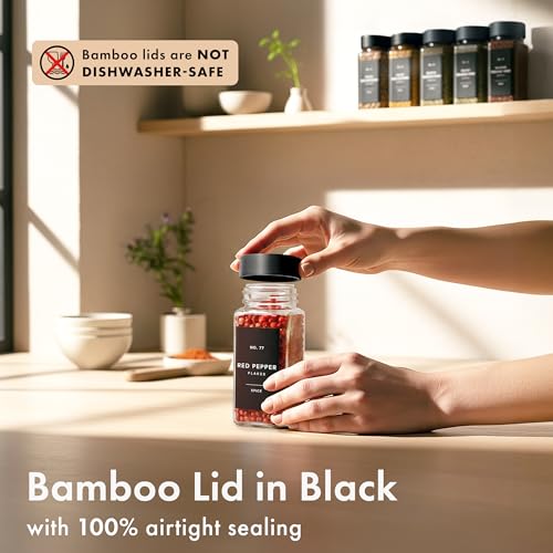 Glass Spice Jars with Black Bamboo Lids - Set of 24, Airtight Food Storage