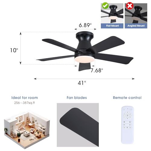 Goniyado 41-Inch Black Modern Low Profile Ceiling Fan with Lights & Remote - 5 Blades