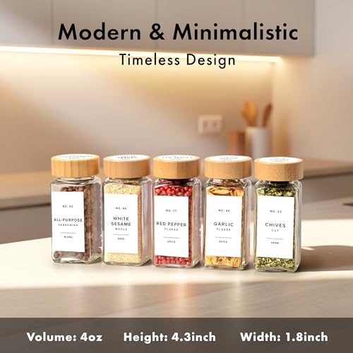 Glass Spice Jars with Bamboo Lids and White Labels - 24 Pack