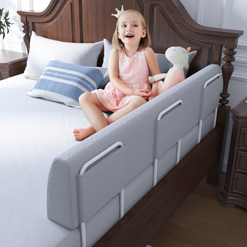 FigTime Toddler Bed Bumper Grey 51 Inch - Foam Bed Rail for Kids Safety