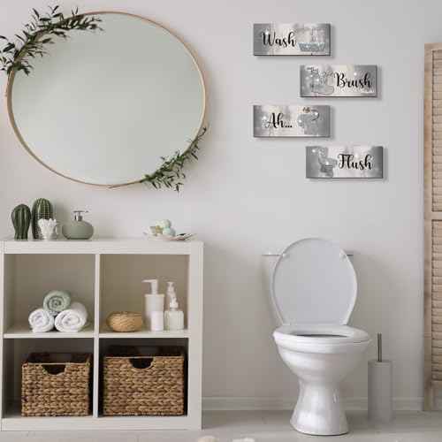 FENCORDAR 4 Pcs Silver Bathroom Decor Abstract Grey Black White Wall Decor Wooden Silver Bathroom Accessories Modern Funny Glitter Wall Art for Home Toilet Decoration 10x4 Inches