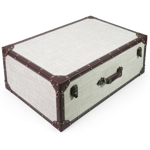 Large Decorative Wooden Storage Chest with Linen Fabric Cover - White Linen
