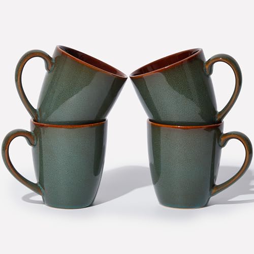 Pokini 14oz Coffee Mug Set of 4 - Artisan Glazed Ceramic Cups for Latte Tea Cappuccino, Brown Green