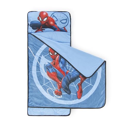 Blue Spiderman Kids Nap Mat with Embedded Pillow & Blanket – Toddler Travel Bed