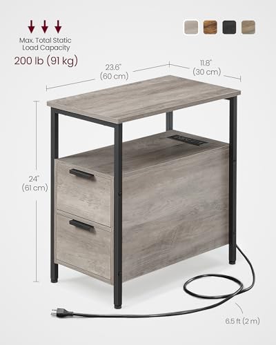 VASAGLE Slim Nightstand with Charging Station - Heather Greige + Ink Black, 23.6"D x 11.8"W