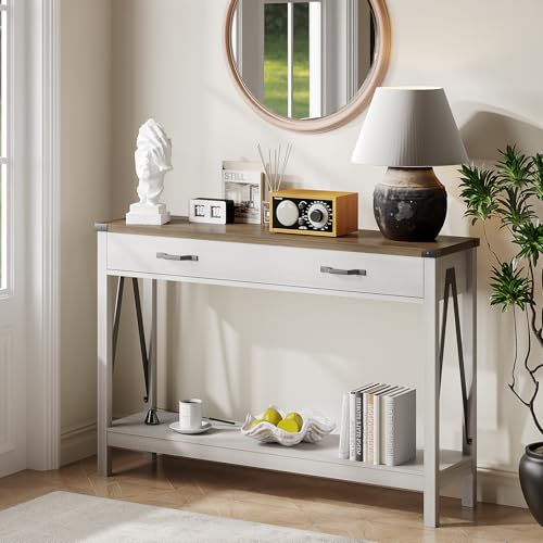 ChooChoo 47 Inch Farmhouse Console Table with Drawer & Storage Shelf - White & Brown