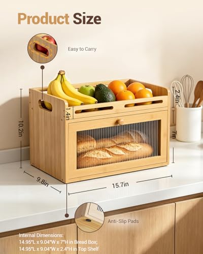Coiesol Bamboo 1-Tier Bread Box with Top Shelf for Kitchen Countertop Storage
