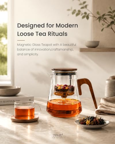 ZENS Magnetic Glass Teapot with Walnut Handle - 27oz Loose Tea Infuser