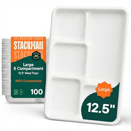 100% Compostable, Large 5 Compartment, Disposable Tray [100-Pack] -