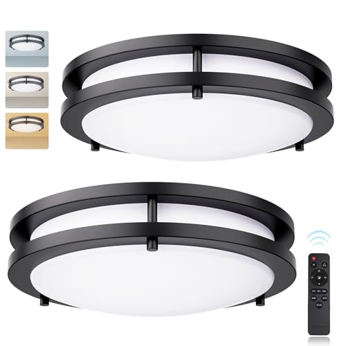 16 Inch Black 2-Pack LED Ceiling Light with Remote, Dimmable Flush Mount Fixture, Adjustable Color Temperature