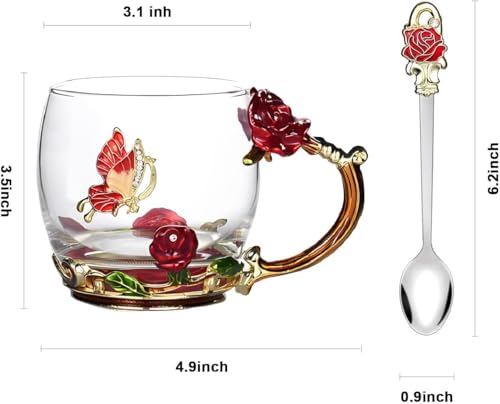 FDINF Red Butterfly Rose Glass Tea Cup with Spoon – Gift Gift Box