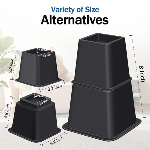 ANNKUT 8 Inch Heavy Duty Bed Risers 8 Pack - Adjustable Furniture Elevation for Bed, Sofa, Desk, Black