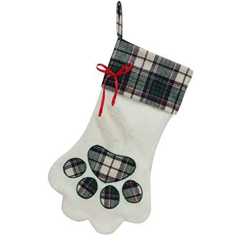 SherryDC Cat Paw Christmas Stockings, Plush & Plaid Hanging Socks for Holiday and Christmas Decorations, Green