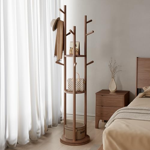 Muwuele Walnut Solid Wood Rotary Coat Rack with 3 Shelves & 9 Hooks - Freestanding Coat Tree for Entryway & Bedroom
