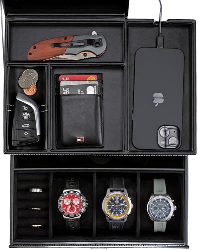 KALETY Black Mens Jewelry Box Organizer & Dresser Valet Tray