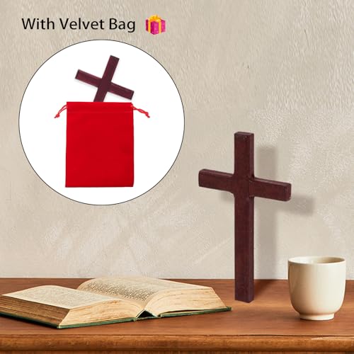 Christian Wooden Cross Wall Decoration Hand Held Prayer Crosses Palm Sized Christian Gift 4.7 inch, with Velvet Bag