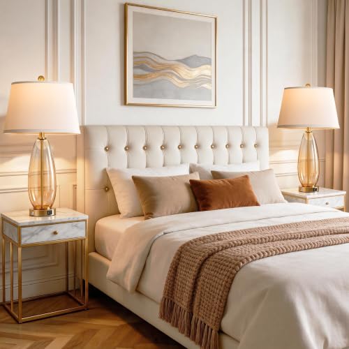 WIHTU 27-Inch Amber Glass Table Lamps Set of 2 with Touch Dimming & USB Ports