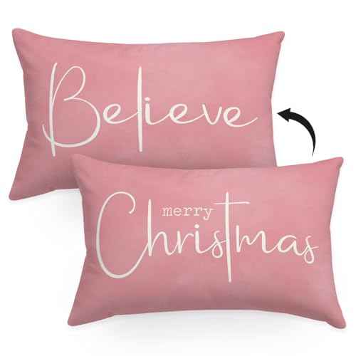 Pink Christmas Throw Pillow Cover 12x20, Merry Christmas Decorative, Xmas Winter Christmas Indoor Outdoor Decorative Throw Pillow Case for Home Bed Living Room Couch Decor