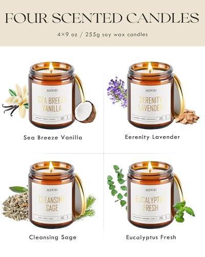 AOOVOO Scented Candle Set with Lavender, Vanilla, Eucalyptus & Sage - 4 Pack, 36oz Soy Aromatherapy Candles