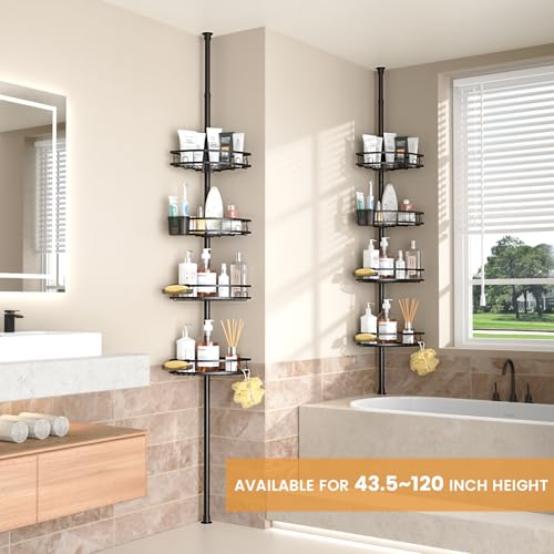 Foukus Matte Black Adjustable Tension Pole Shower Caddy - Rustproof Corner Bathroom Organizer
