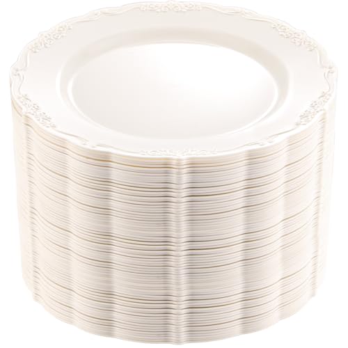 DaYammi Ivory Plastic Dinner Plates - 10 Inch Disposable Set for 60 Guests