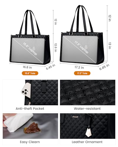 Insulated Lunch Tote Bag for Women - 15.6 Inch Laptop & Purse - Black