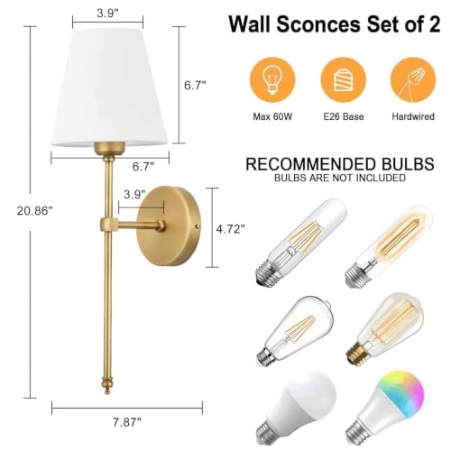 Bsmathom Gold Wall Sconces Set of 2 - Hardwired Brass Bathroom & Bedroom Lighting
