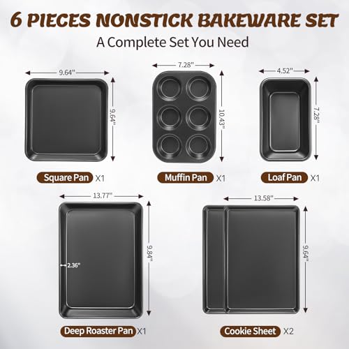 Dark Gray Nonstick Baking Pans Set - 6 Pieces Bakeware Includes Cookies, Loaf, Square & Muffin Pans