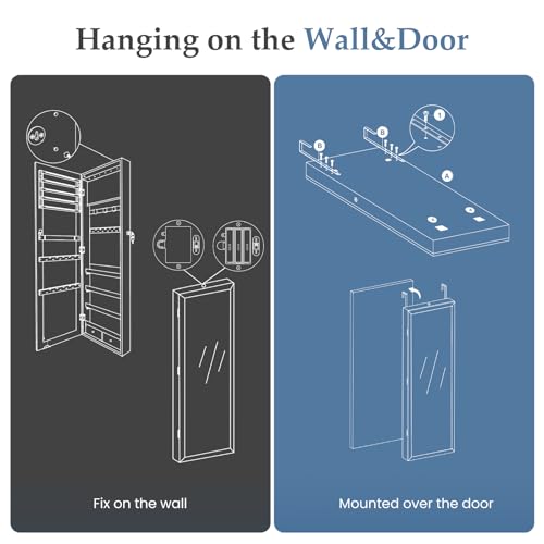 DUMOS Black Wall or Door Mounted Jewelry Organizer Cabinet with Mirror, 47.24 Inch