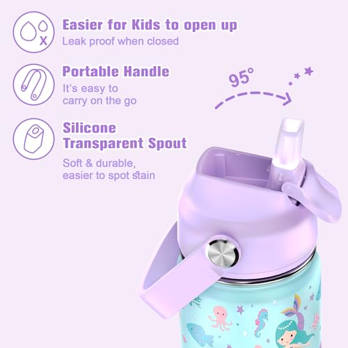 Purple Mermaid Girls Backpack Set with 14oz Leak-Proof Water Bottle & Lunch Bag - 4 Pieces