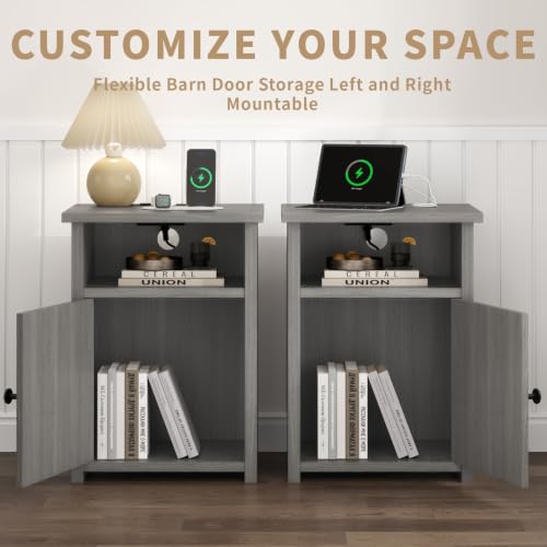 AURINEST Farmhouse End Table Set of 2 with Charging Station - Rustic Nightstands with Barn Door & Storage Shelf, Grey